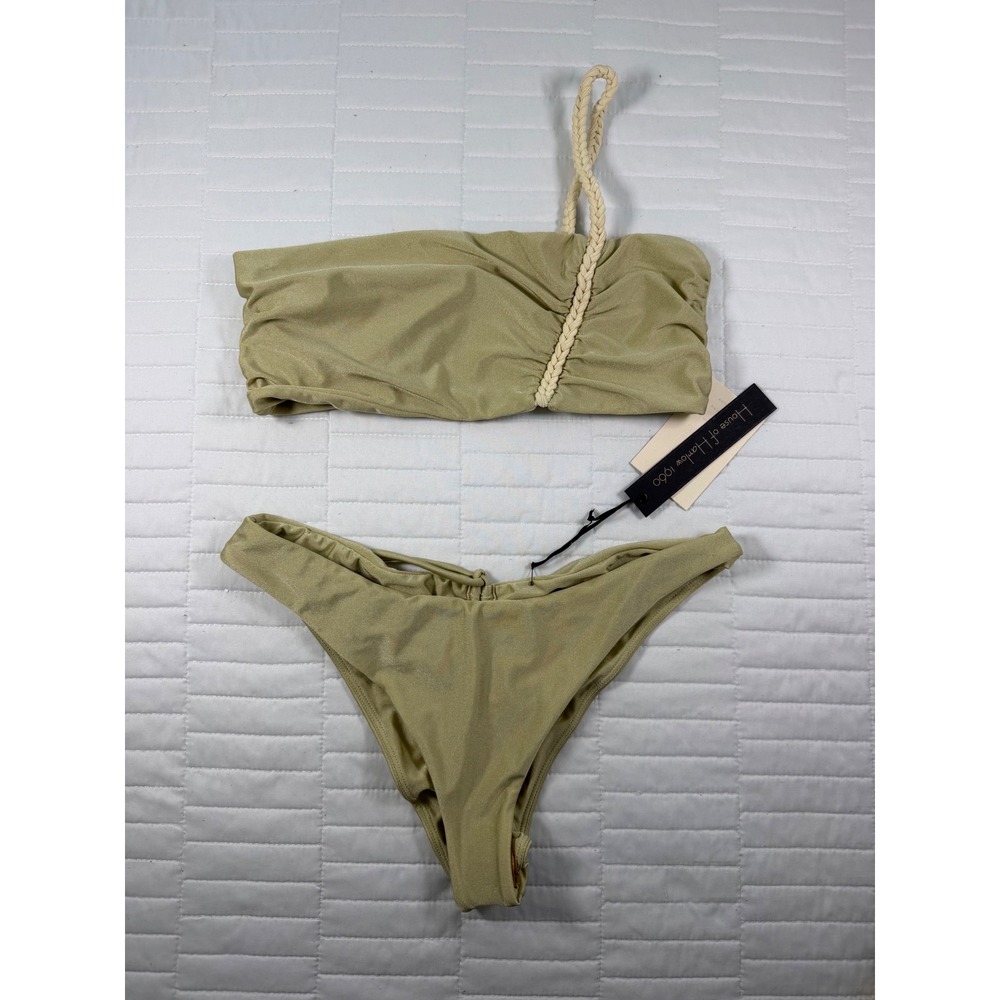 House of Harlow 1960 x Sofia Richie Gold Braided One Shoulder Sage Bikini Set M
